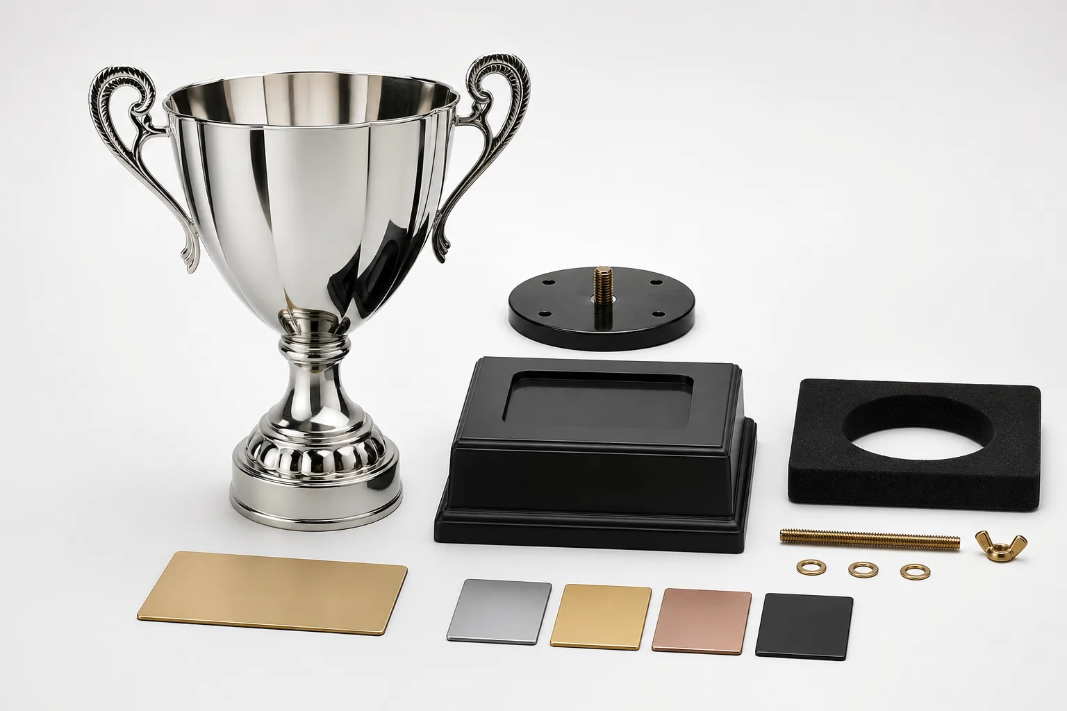 Metal trophy body, base, nameplate, finish samples, and packaging insert