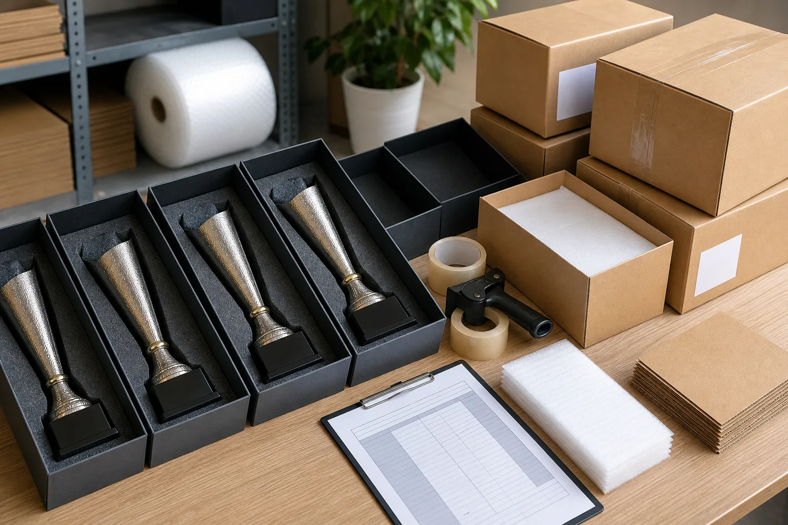 Unbranded metal trophies arranged with protective packaging for order planning