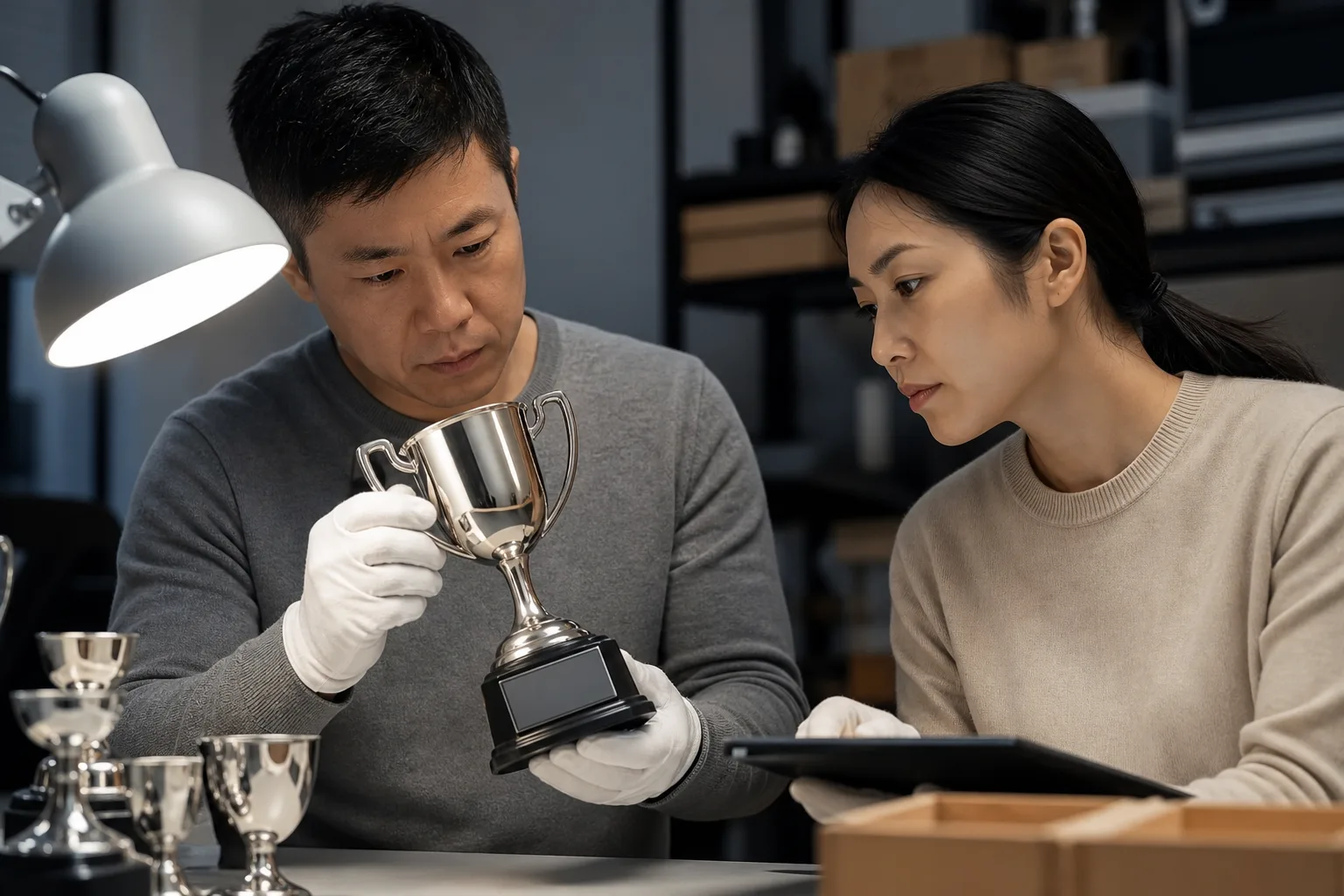 Buyers inspecting the finish and assembly of a metal trophy sample