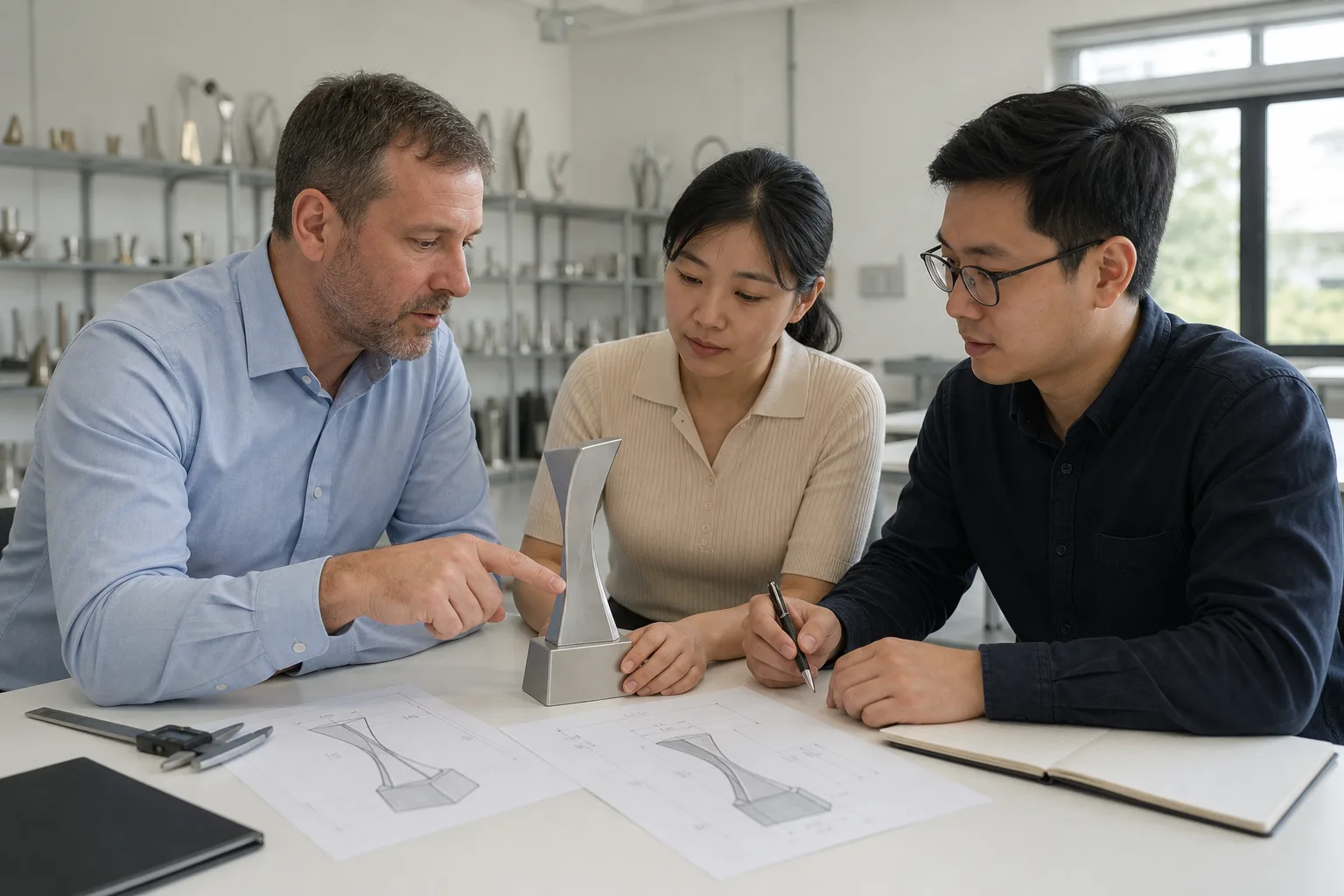 Buyer reviewing a custom metal trophy sample with a production team