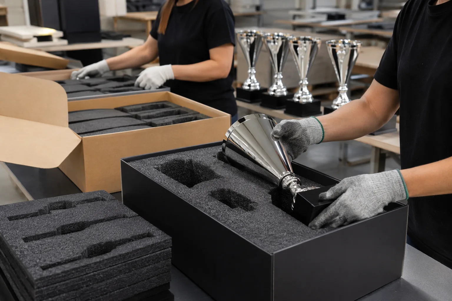 Custom metal trophies being prepared in protective packaging