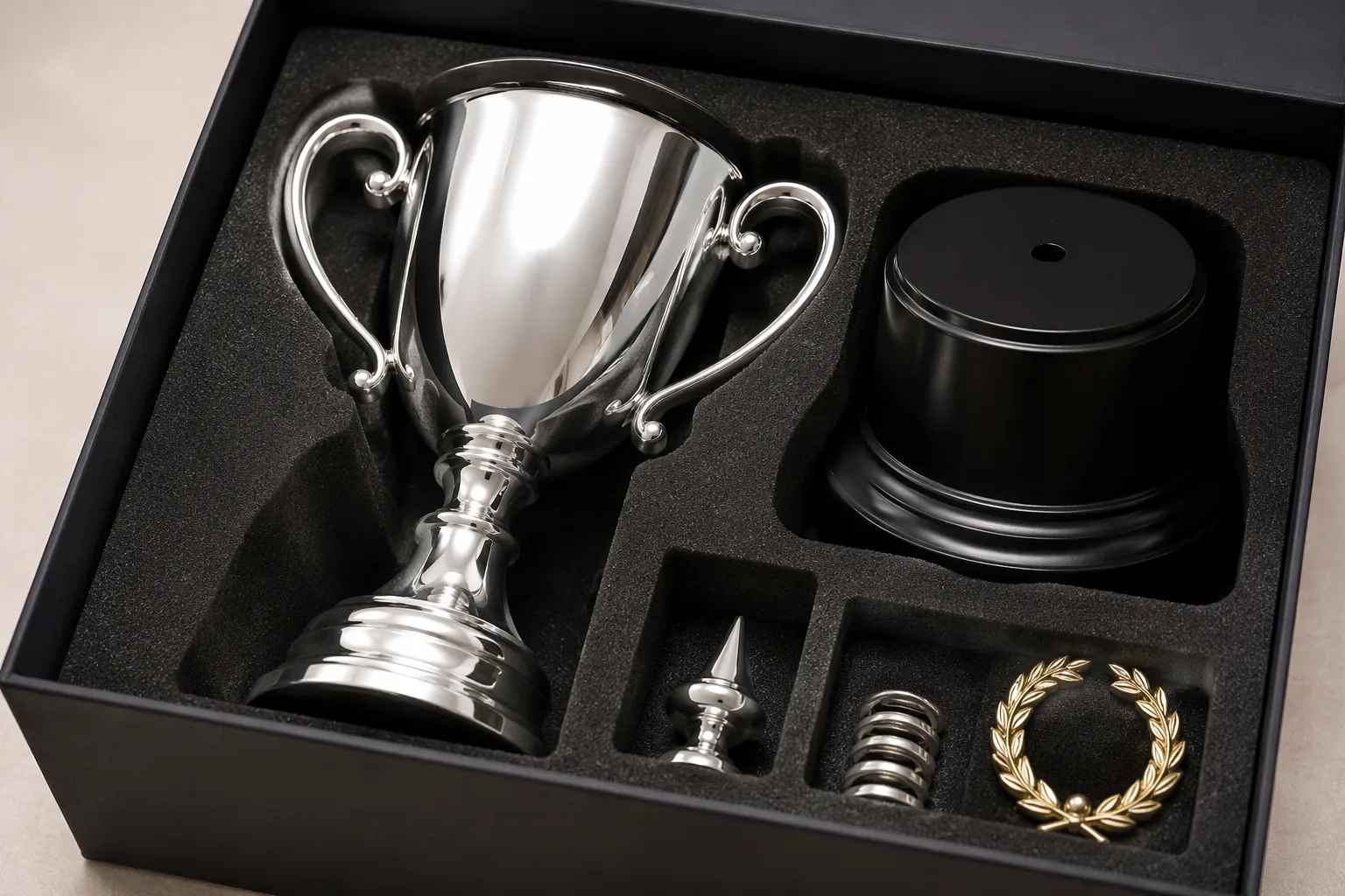 Trophy components separated in protective packaging compartments