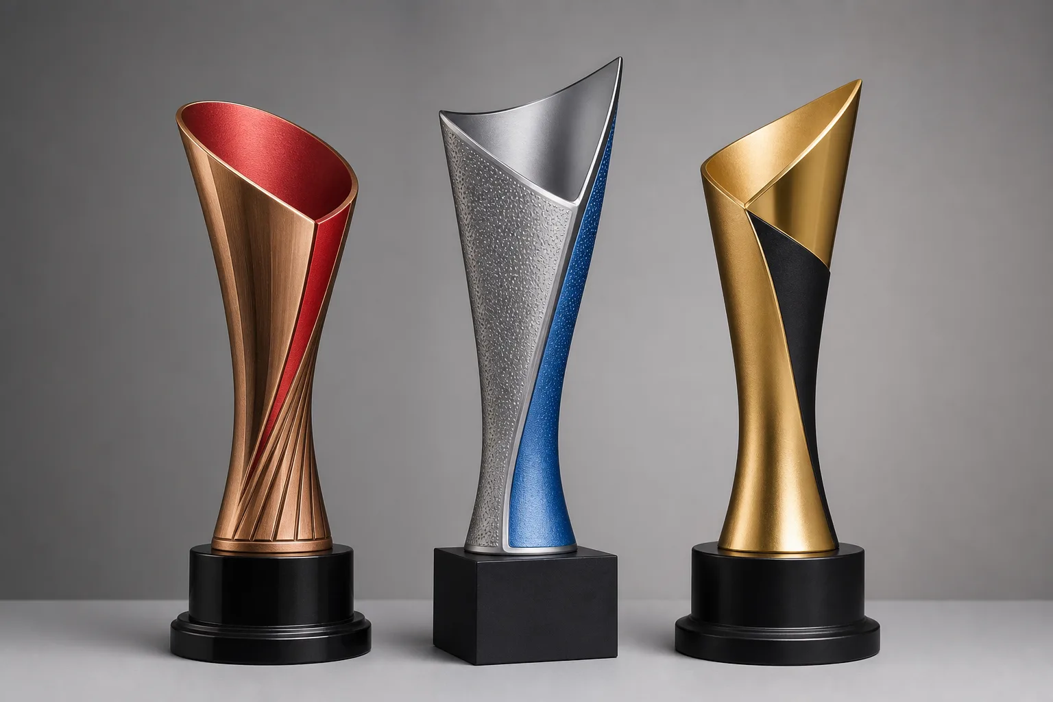 Custom metal trophies with painted accents and metallic contrast