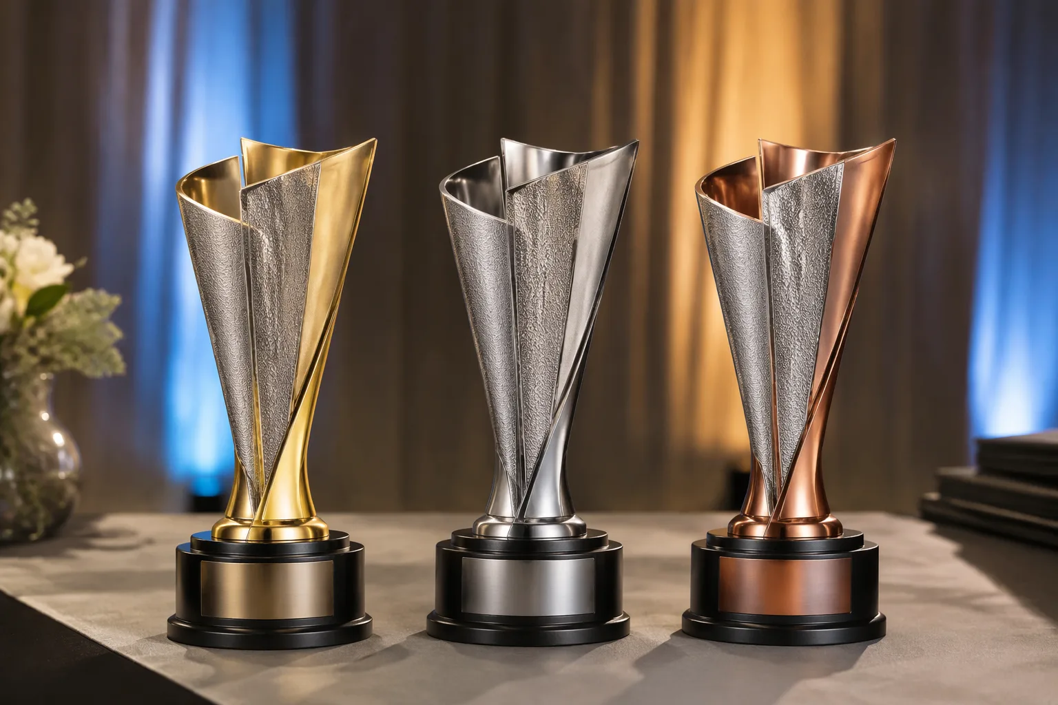 Tiered painted metal trophies for an award program