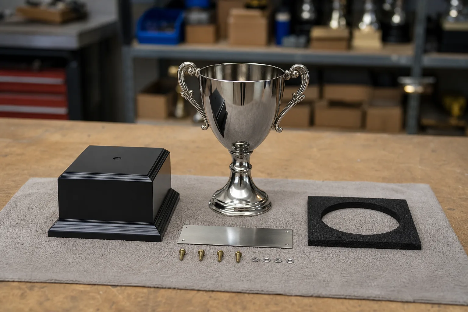 Unbranded trophy placed into fitted protective packaging