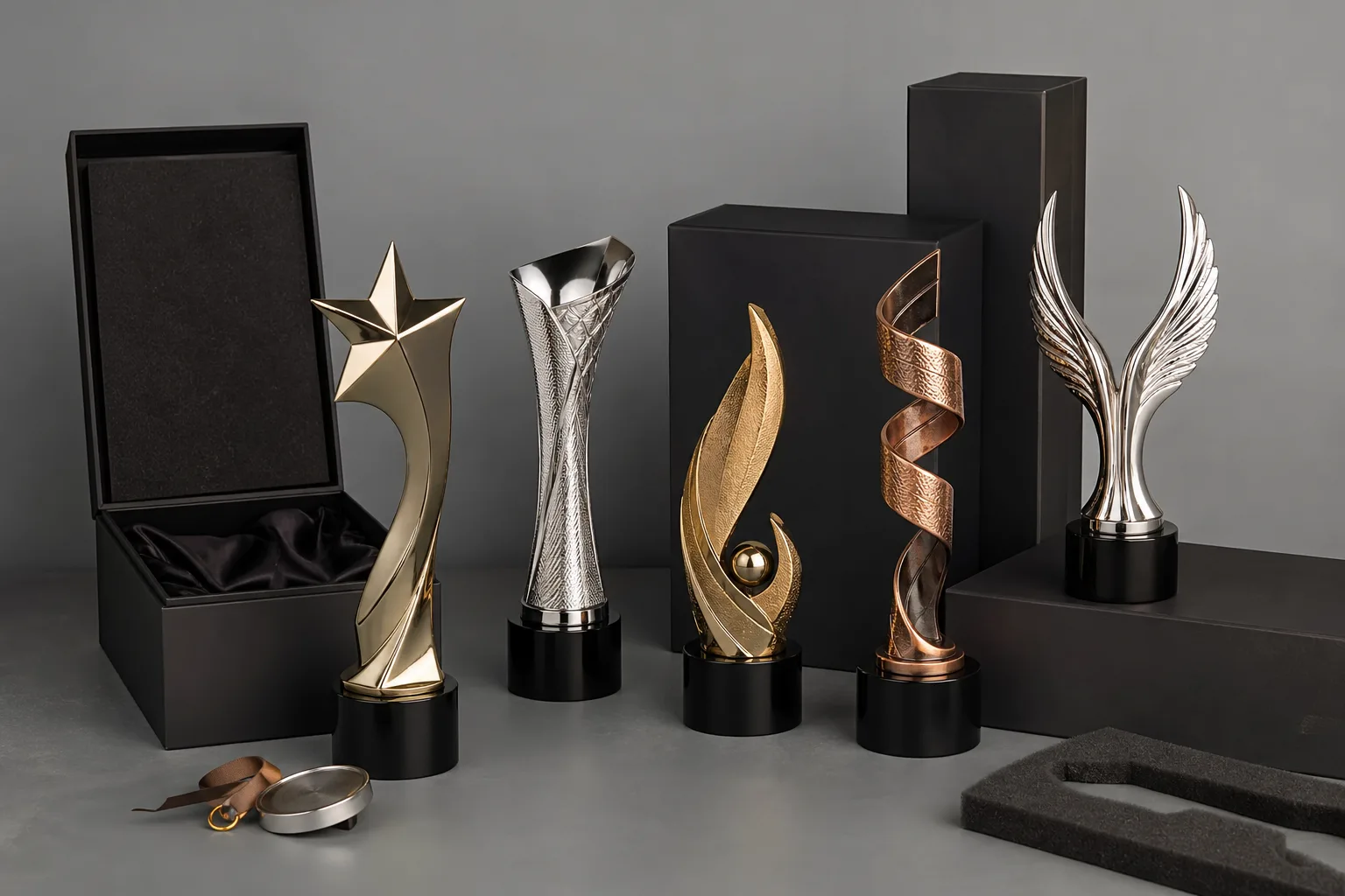 Unbranded metal trophies prepared with private-label packaging components