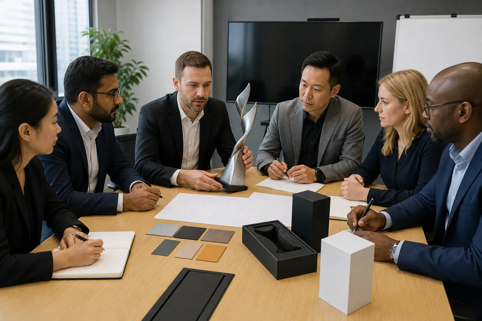 Procurement team reviewing a custom trophy prototype