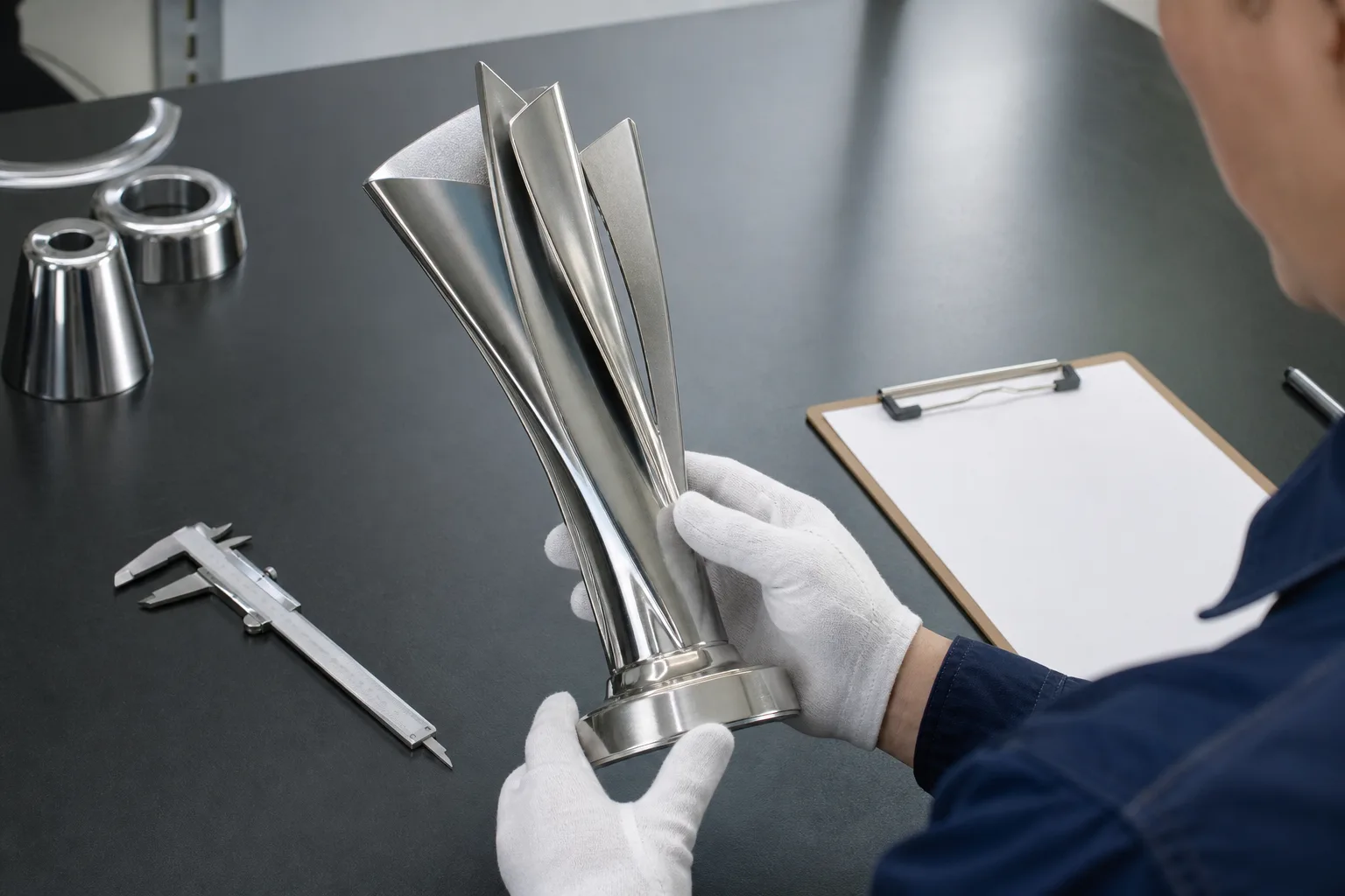 Visual inspection of a custom metal trophy sample
