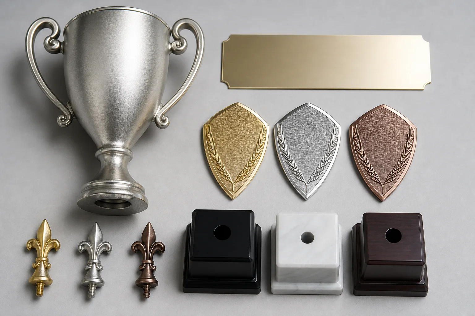 Metal trophy materials, finishes, and base components
