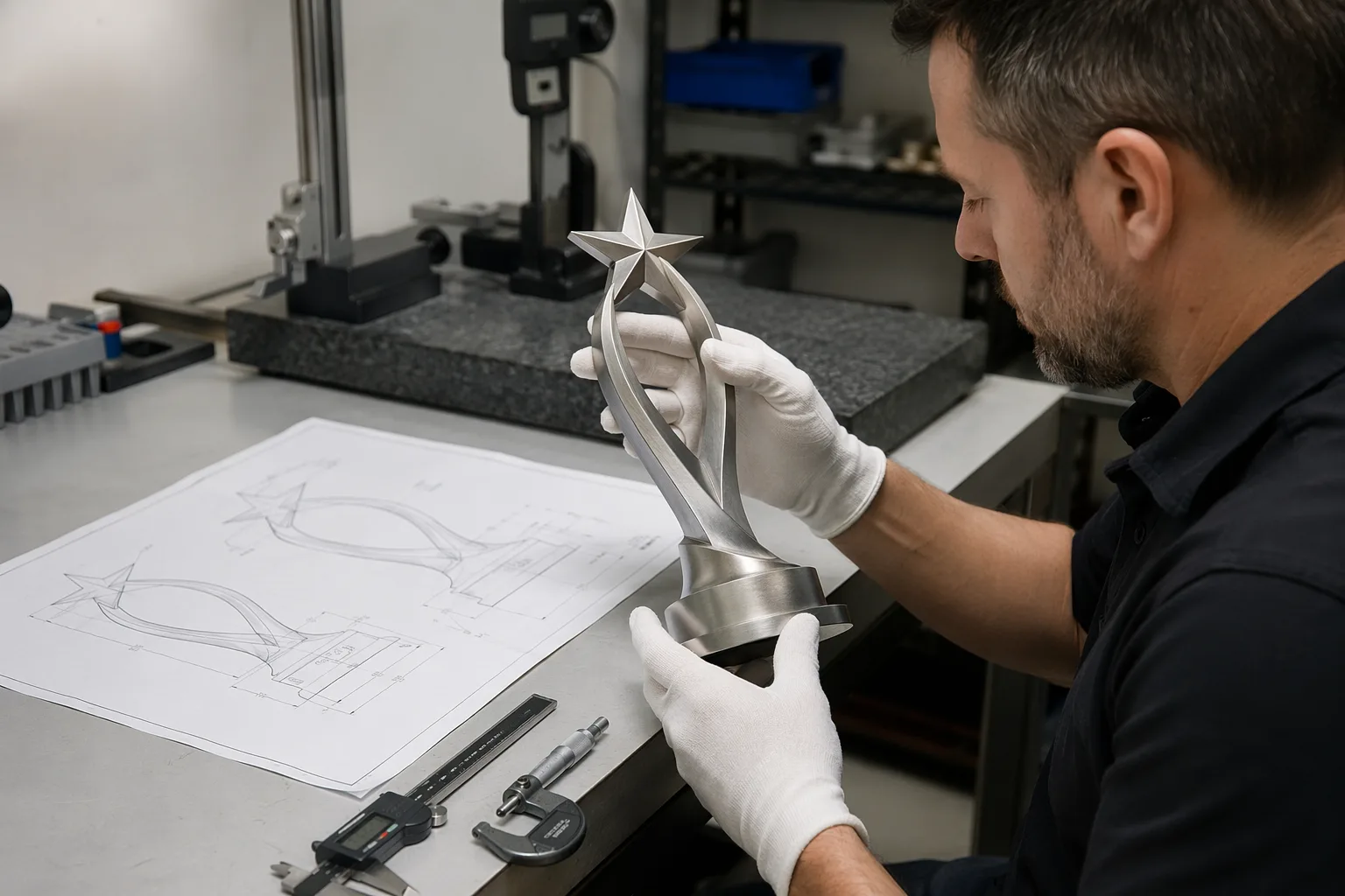Inspector reviewing the surface and structure of a custom metal trophy