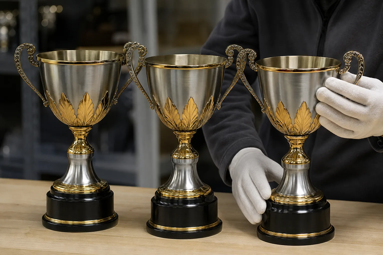 Visual comparison of metal trophy finishes and assembly