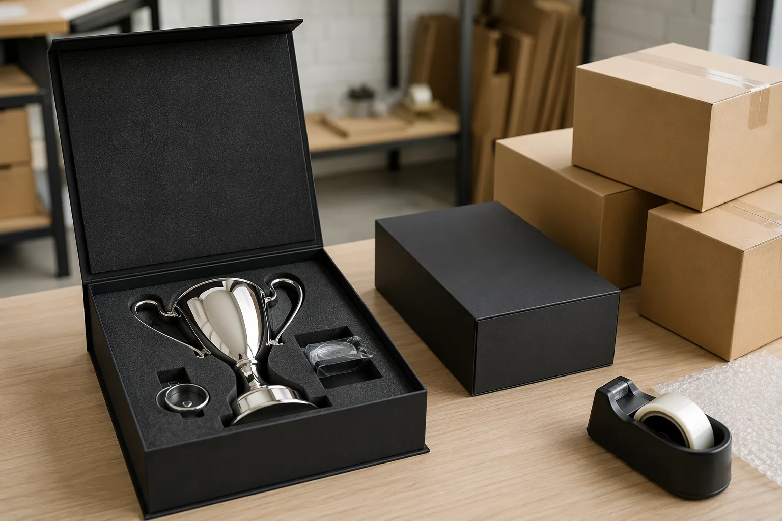 Custom metal trophy checked in protective packaging