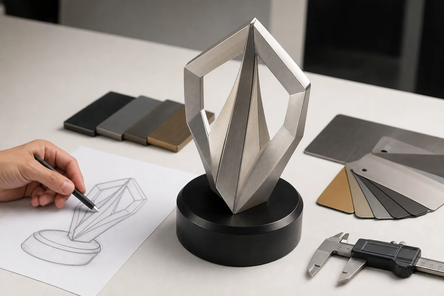 Metal trophy sample being reviewed on a worktable