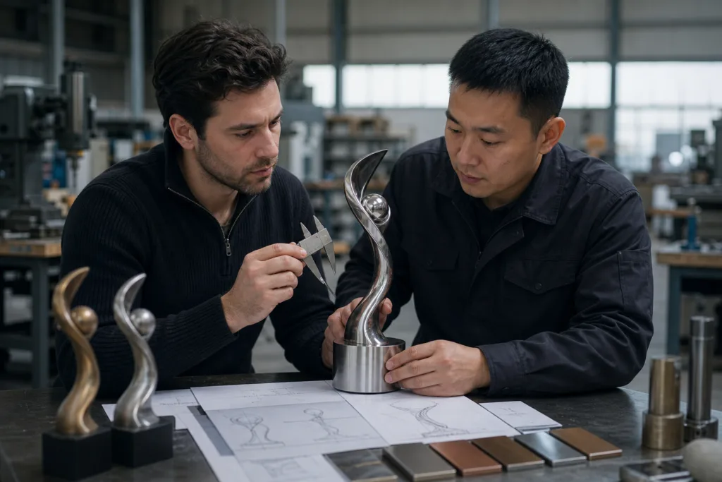 Manufacturing team reviewing a custom metal trophy prototype and specification sheet