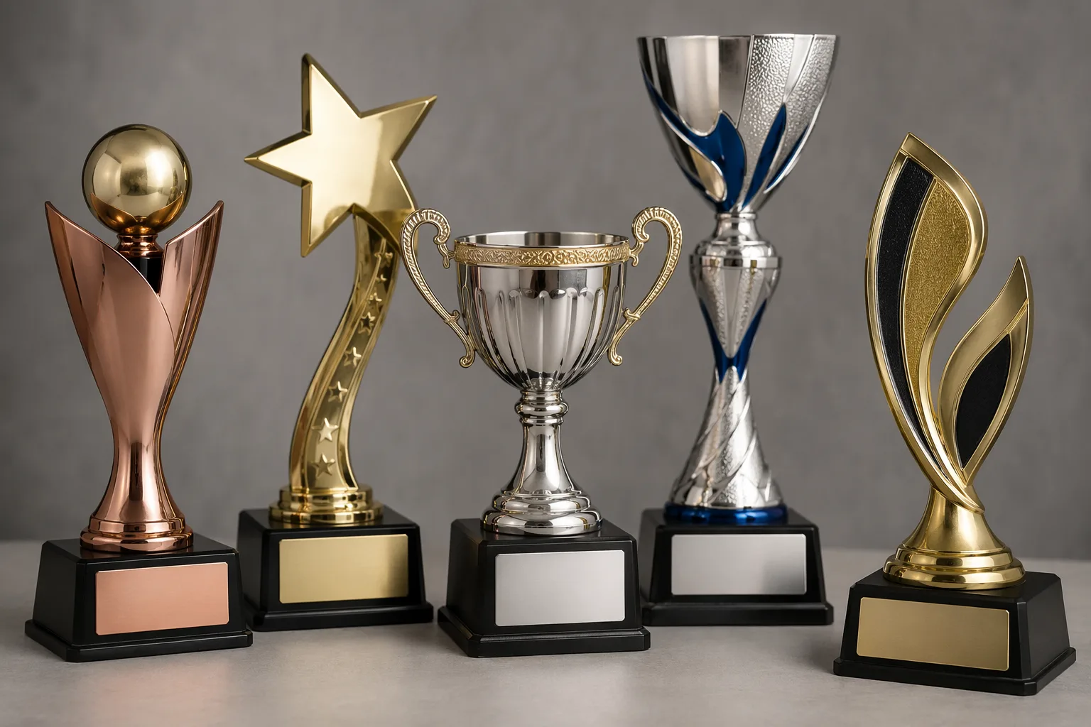 Generic custom metal trophies with different bases and finishes
