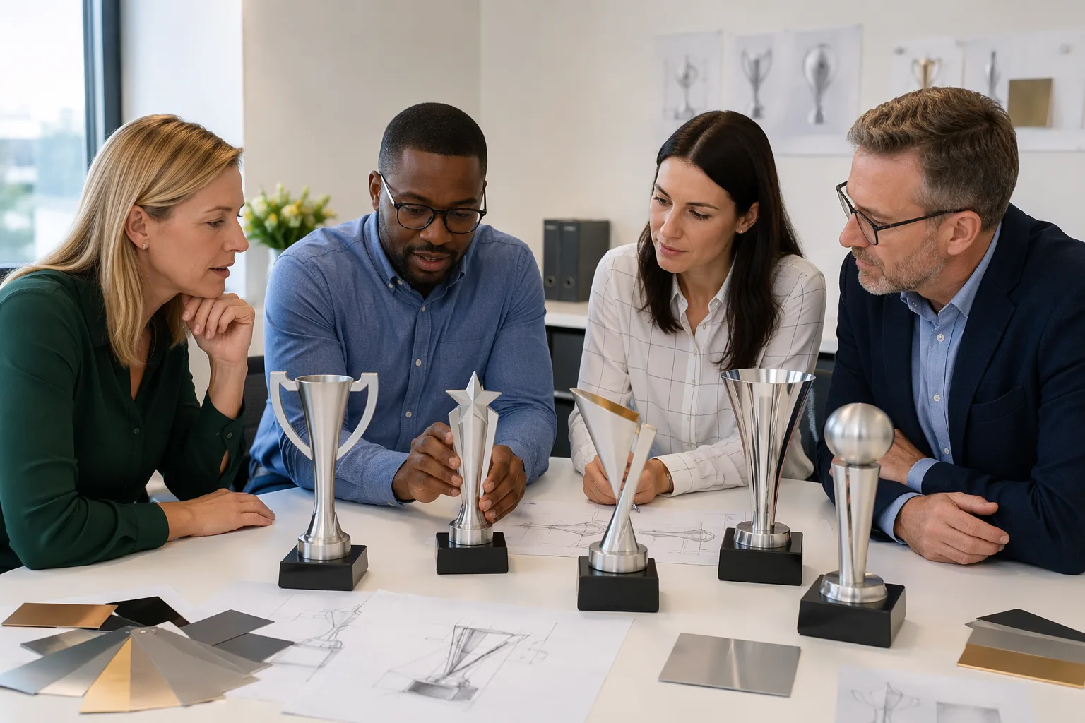 School procurement team reviewing custom metal trophy prototypes