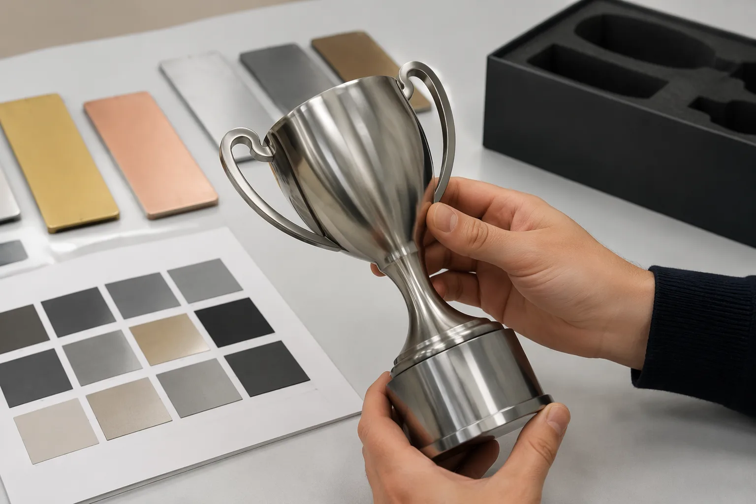 Reviewing a blank metal trophy sample and finish swatches