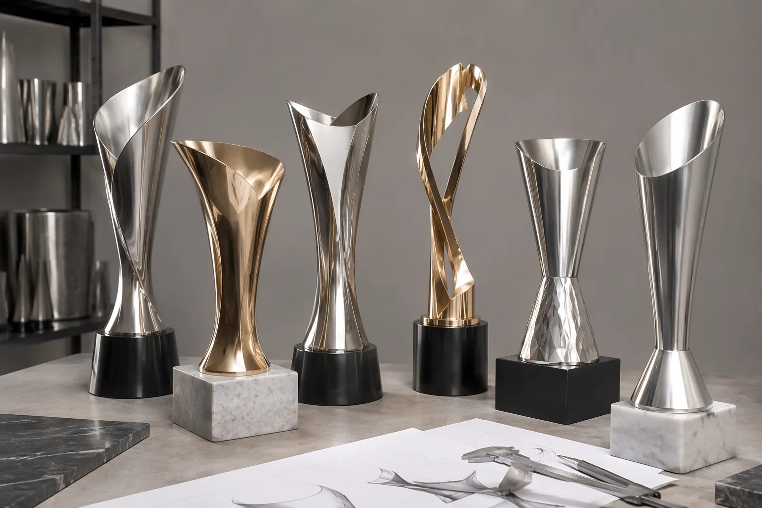 Custom metal trophies in different sizes, shapes, and structures