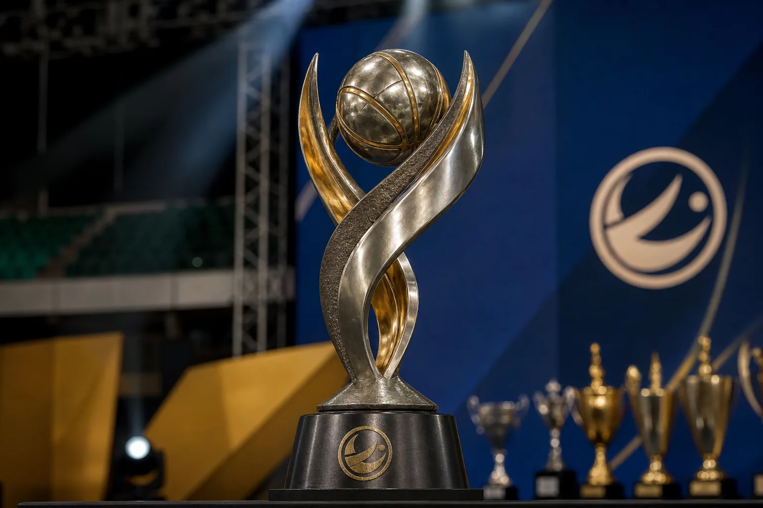 Custom metal championship trophy prepared for an indoor sports award presentation