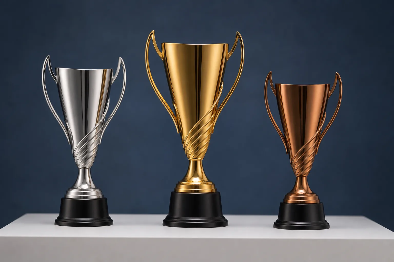 Three custom metal sports trophies arranged by award level