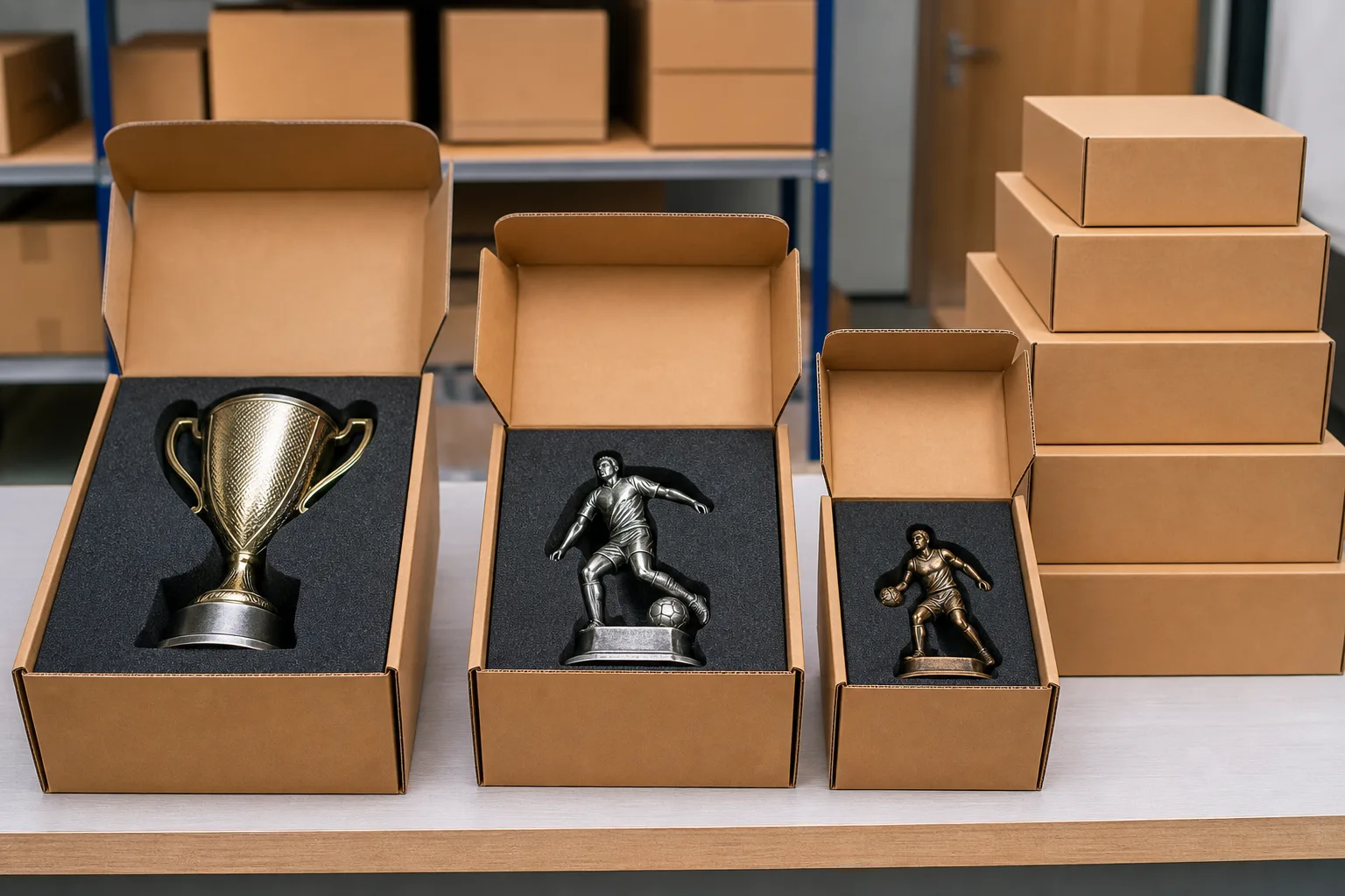 Sports trophies arranged in protective packaging