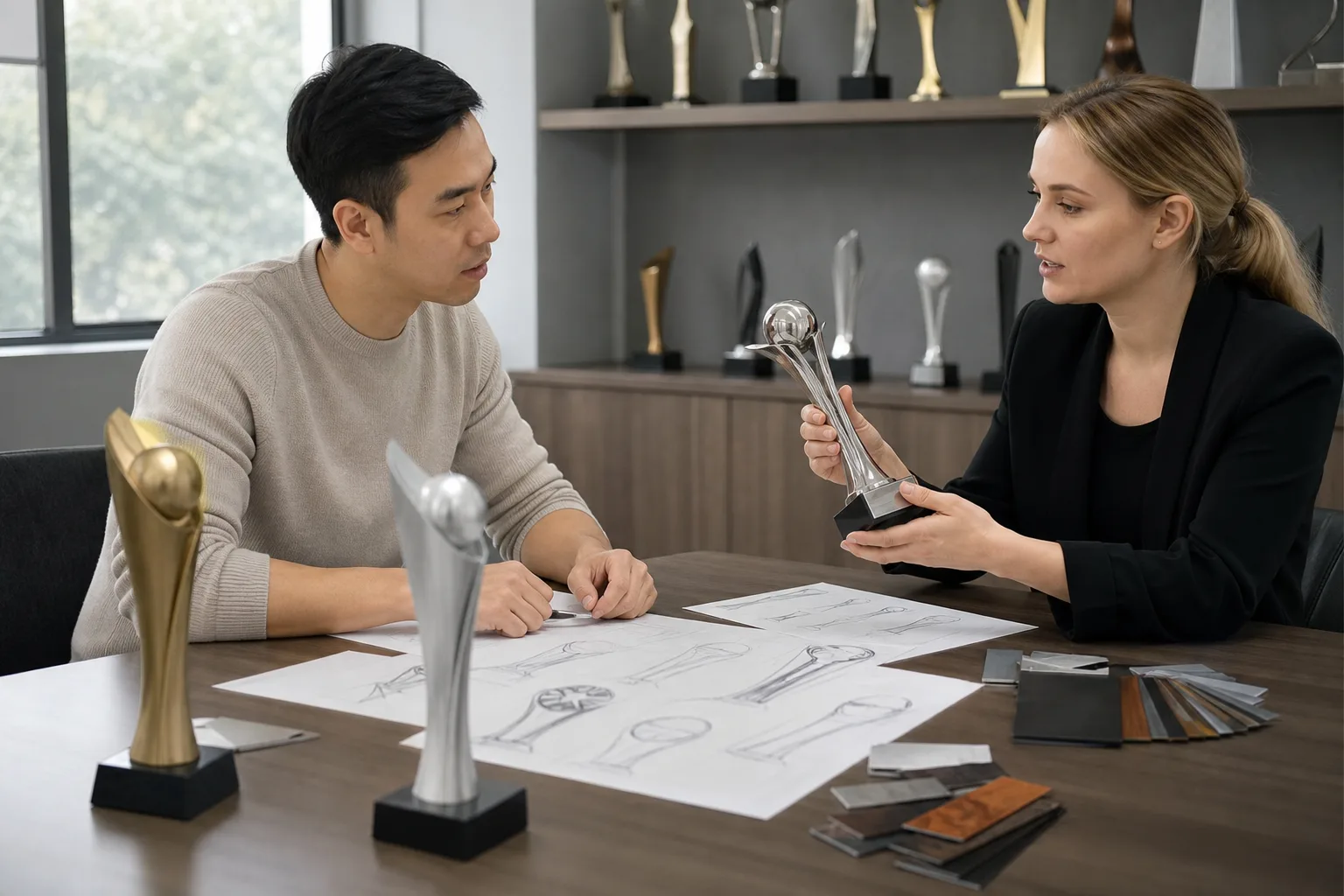 Buyer discussing a custom metal trophy project with a product specialist