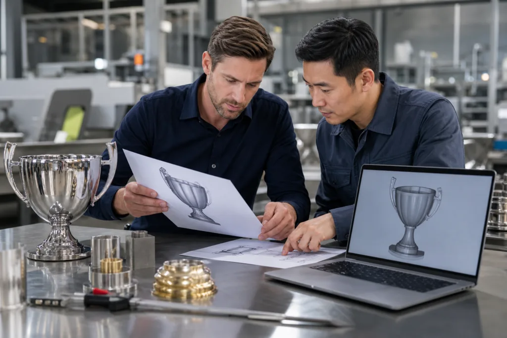 Designer and engineer reviewing trophy artwork and CAD files in a factory
