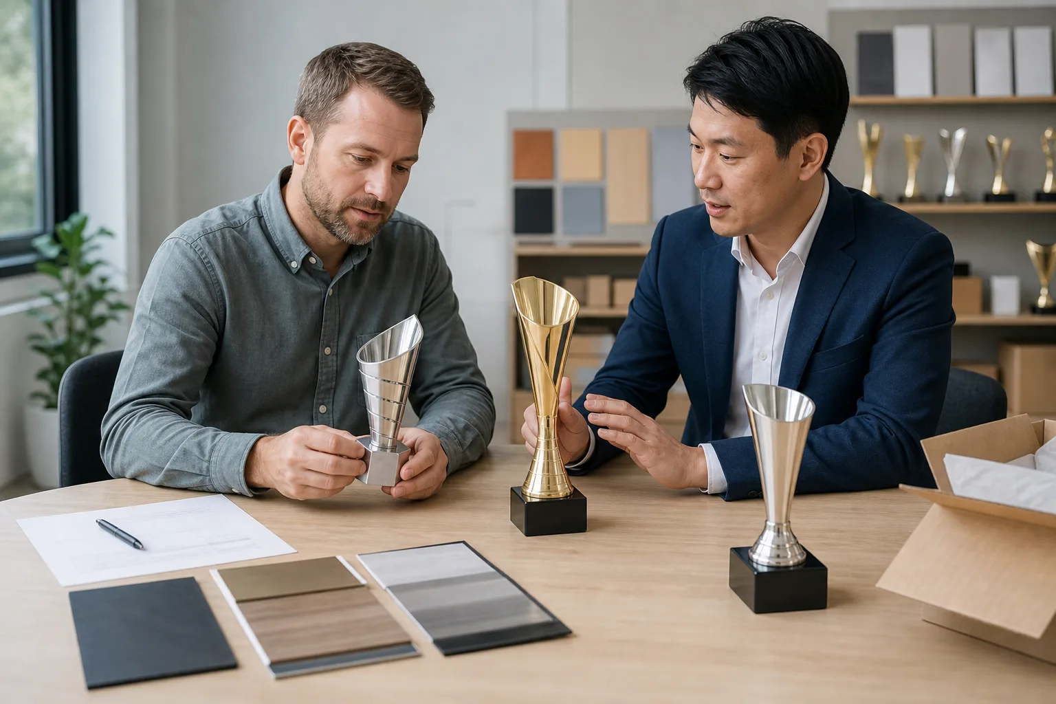 Distributor reviewing custom metal trophy samples