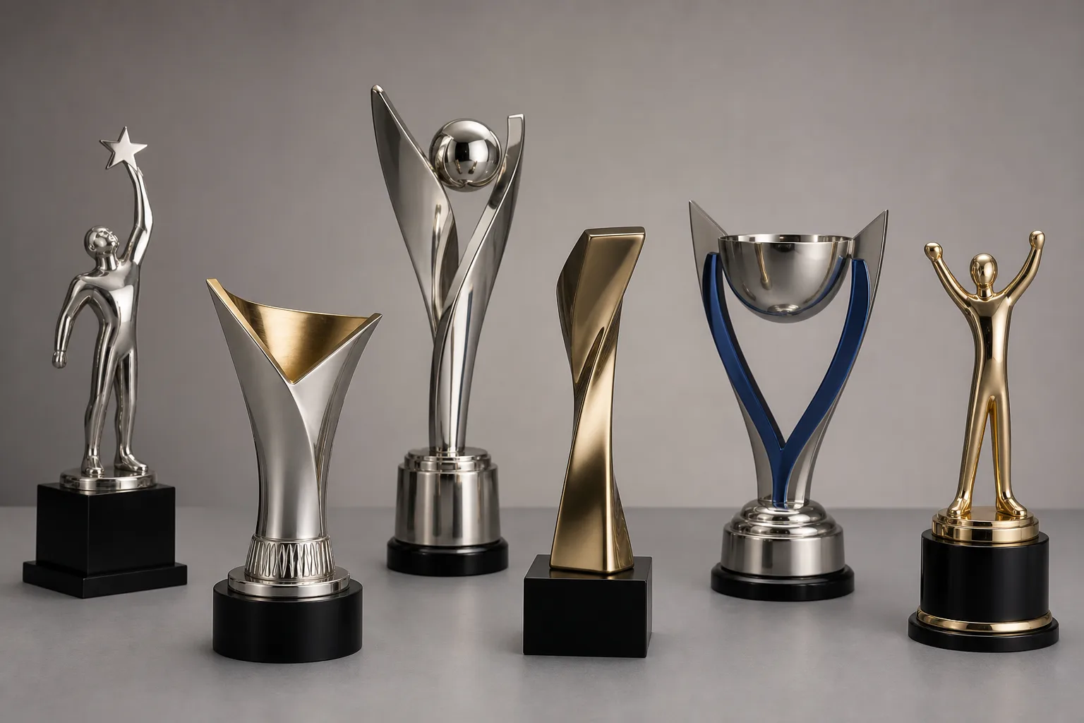 Unbranded metal trophy samples with varied finishes
