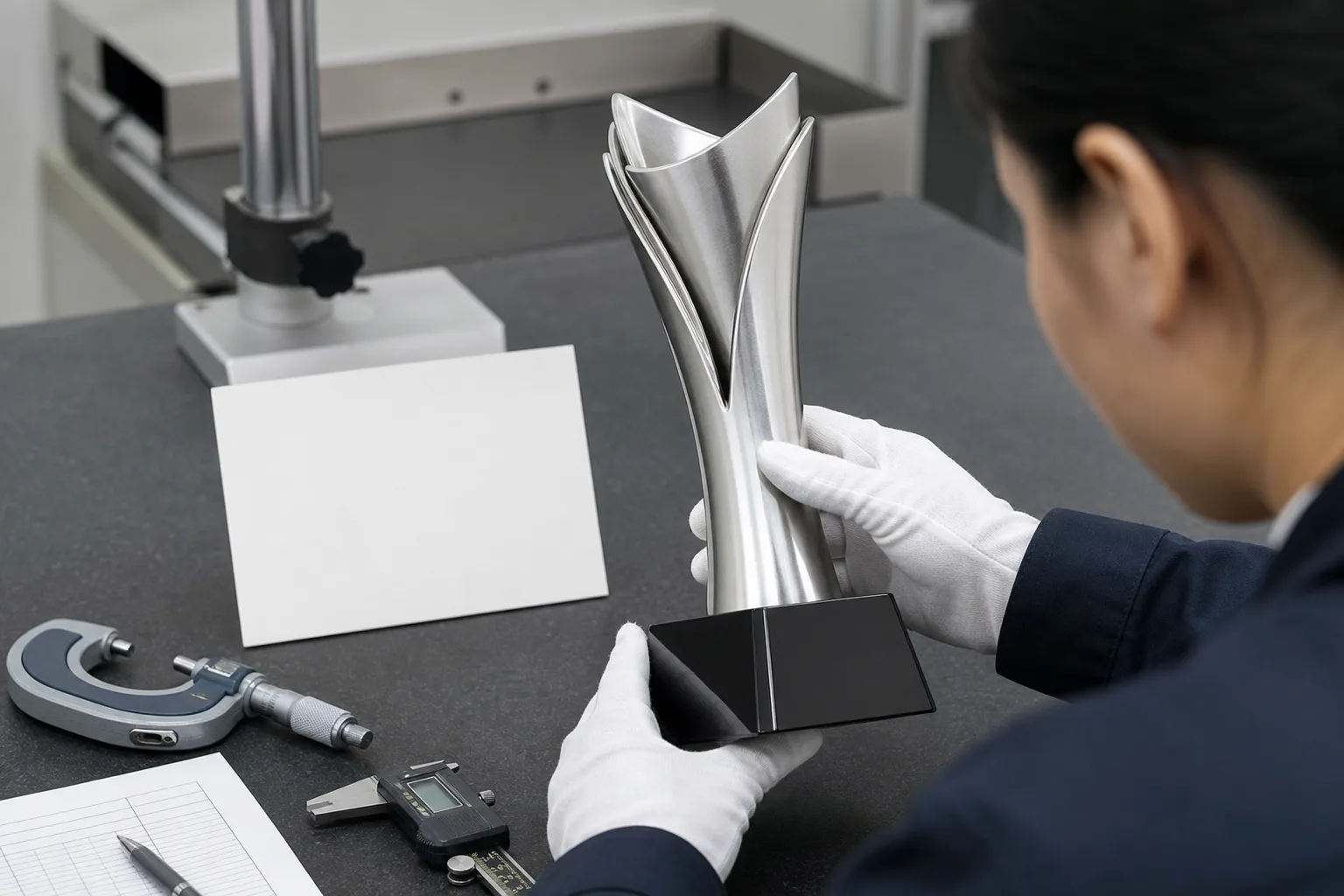 Inspecting metal trophy finish and assembly details