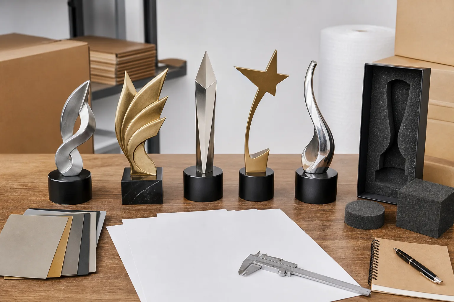 Bulk trophy order planning workspace with trophy samples and specification materials