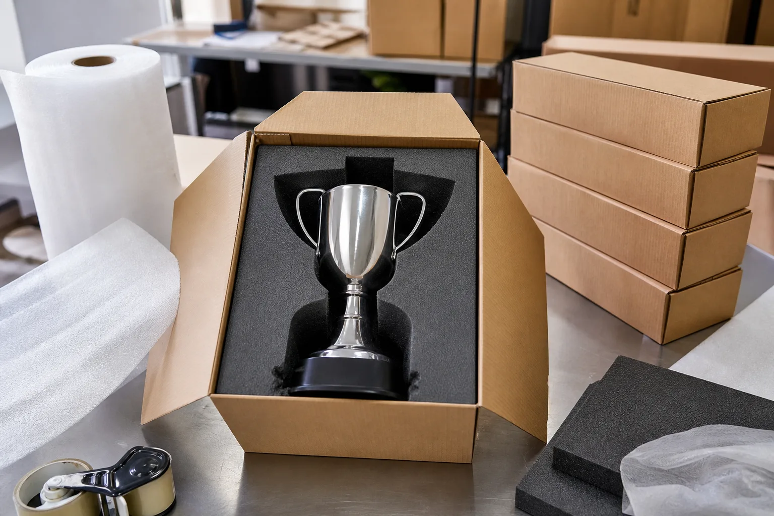 Bulk Order Checklist 4 Custom metal trophy secured in protective bulk-order packaging