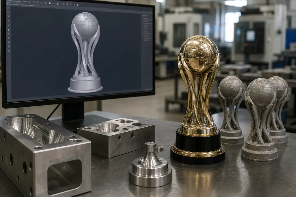 3D trophy CAD model shown beside cast metal trophy parts in a workshop