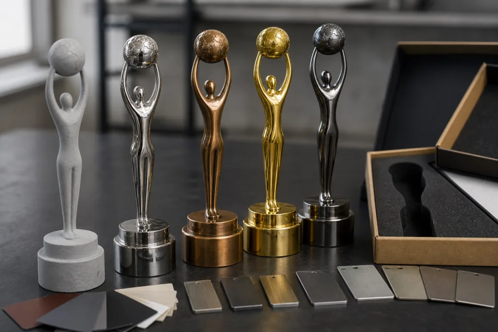 How to Prepare a Custom Trophy RFQ That Manufacturers Can Quote Accurately 2 Die-cast trophy parts with finish samples and packaging materials on a production table