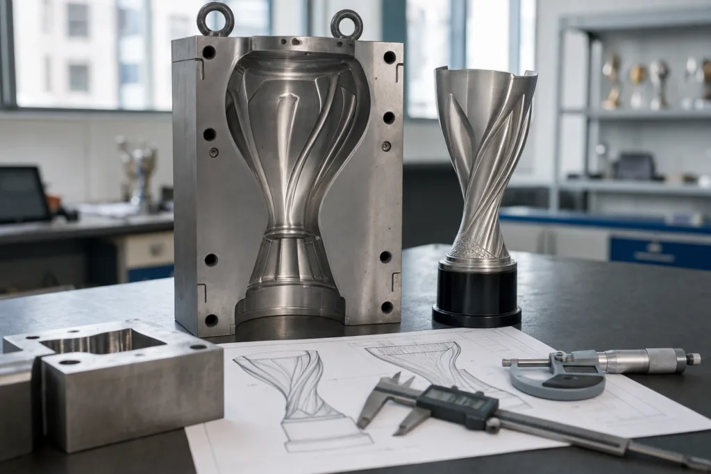Trophy Mold Cost: What Buyers Should Clarify Before Tooling Approval 1 Engineer reviewing a custom trophy mold design with drawings and measuring tools