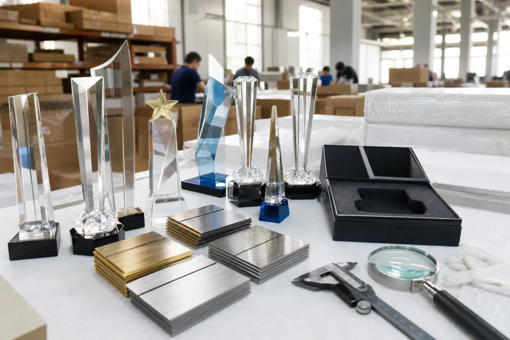 Finished trophy samples and inspection tools on a pre-tooling approval table
