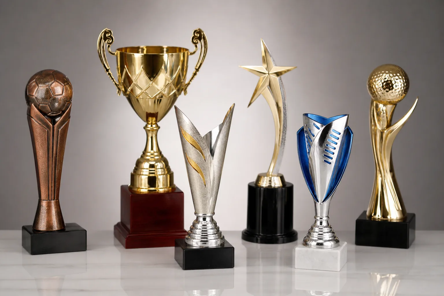 Assortment of custom metal trophies with different finishes and structures