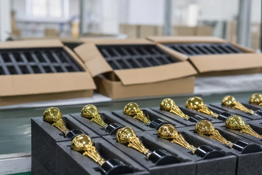 Export Carton Testing and Packaging Approval for Metal Trophies 2 Metal trophies fitted into custom insert trays beside export cartons during packaging validation