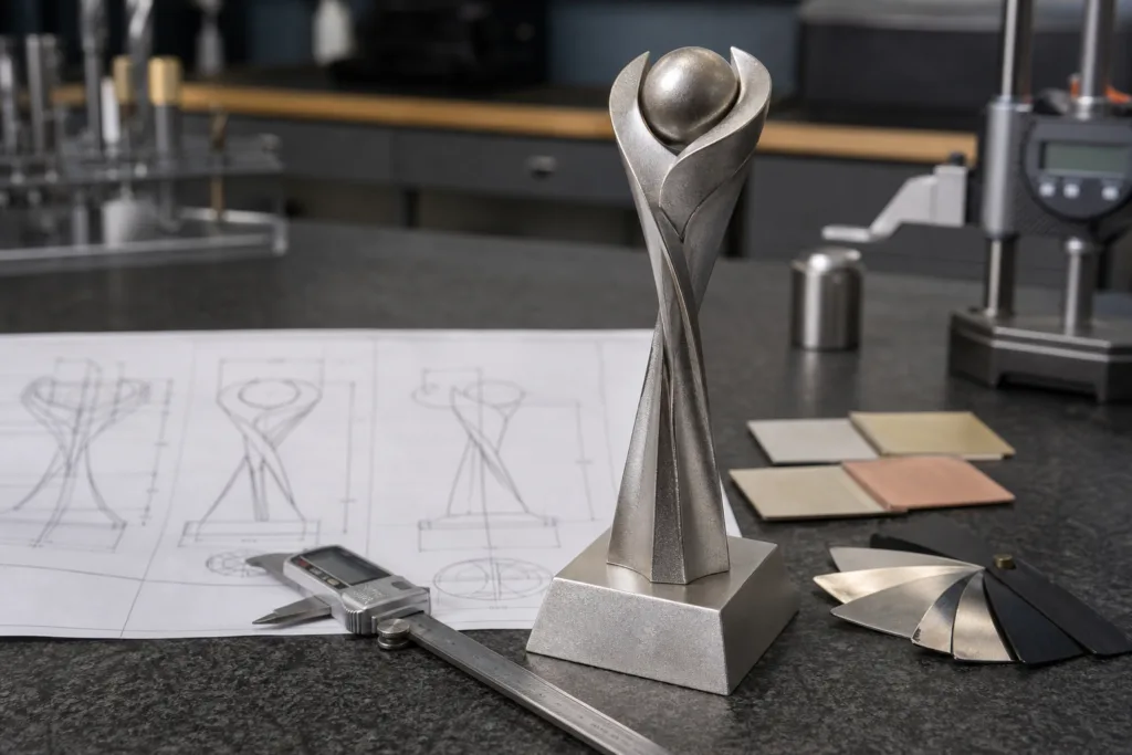 Die Casting Design Guidelines for Detailed Metal Trophies 1 Die-cast metal trophy prototype inspected beside CAD drawings and calipers