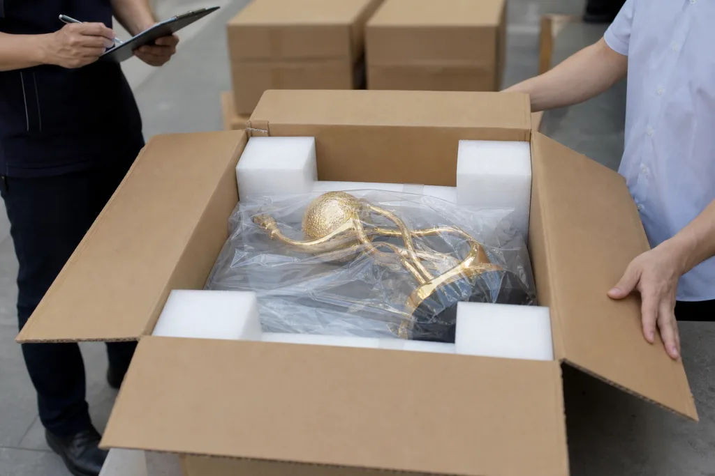 Export Carton Testing and Packaging Approval for Metal Trophies 3 Packed trophy carton prepared for drop test and transit validation in a quality control area