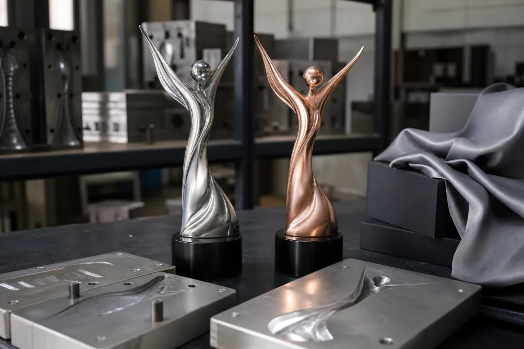 Custom metal trophy samples and packaging materials on an inspection table in a manufacturing workshop