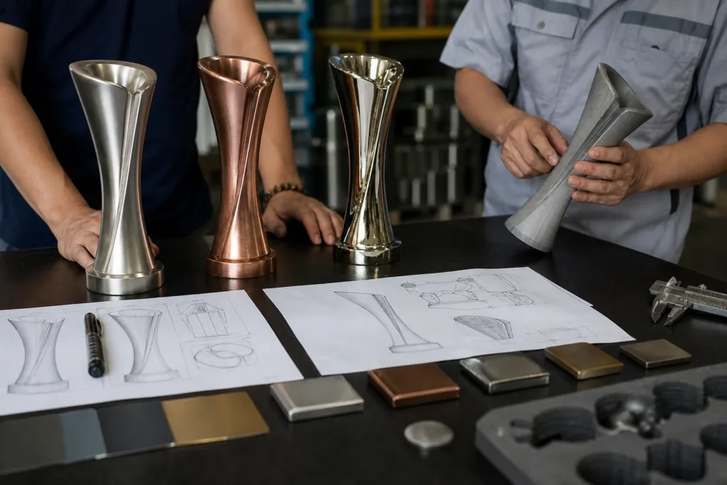 Metal Trophy Design Choices That Drive Cost, Weight, and Manufacturability 1 Custom metal trophy prototypes, drawings, and finish samples reviewed on a manufacturing table