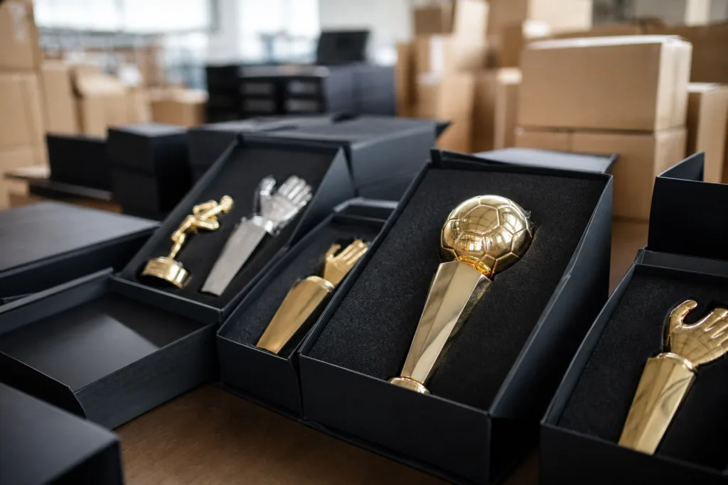 Custom metal sports trophies secured in protective packaging for international shipment