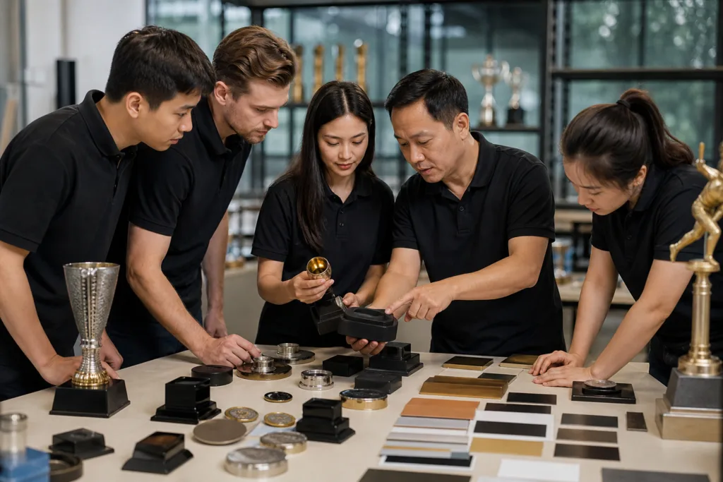 Manufacturing team reviewing trophy bases, emblems, and finish samples for a sports event award system
