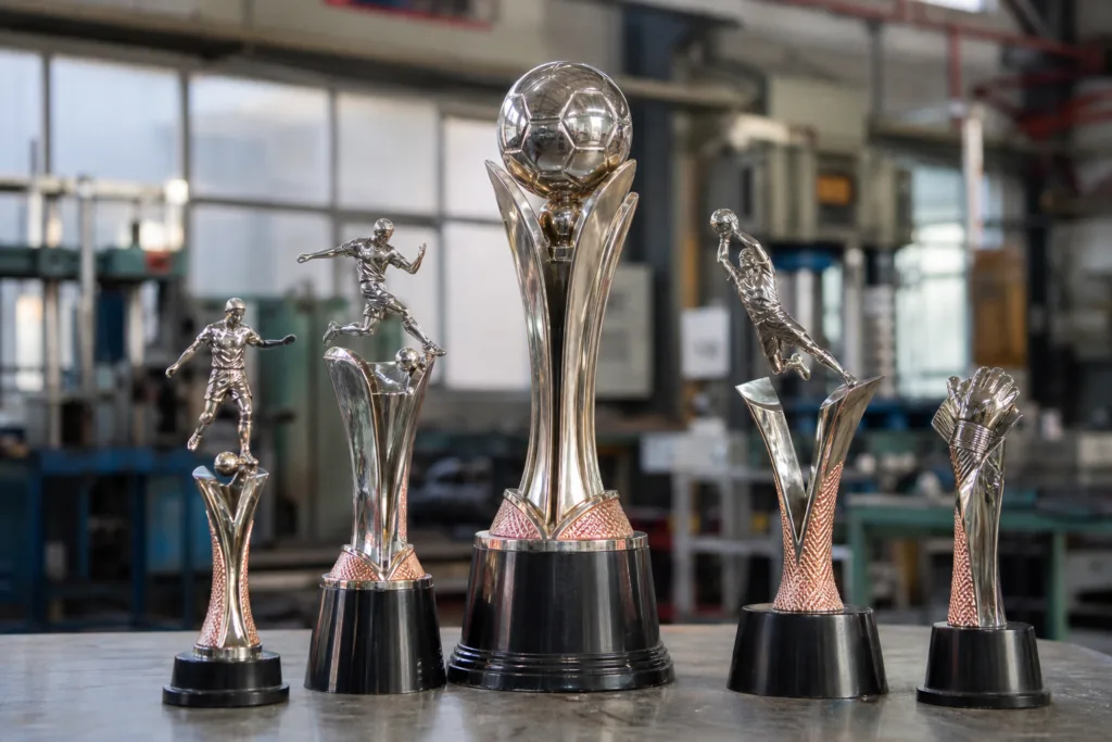 Tiered custom metal sports trophies with different heights and bases arranged for quality review