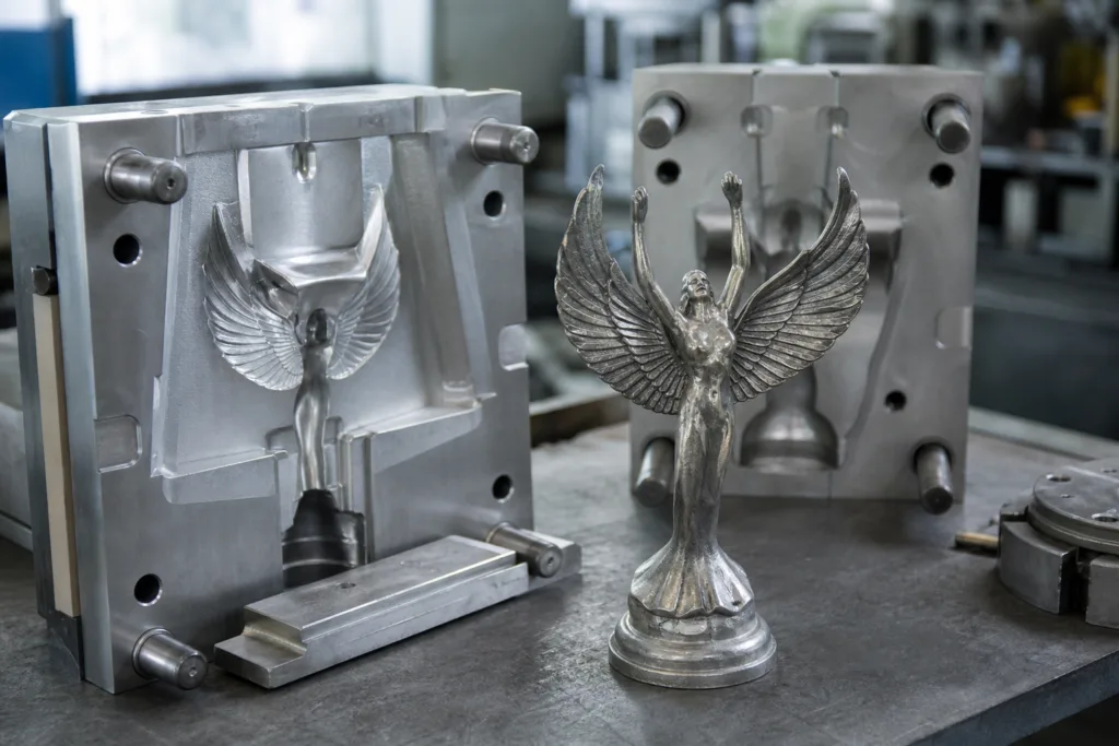 Die Casting Design Guidelines for Detailed Metal Trophies 2 Open mold components next to a detailed metal trophy body on a manufacturing bench