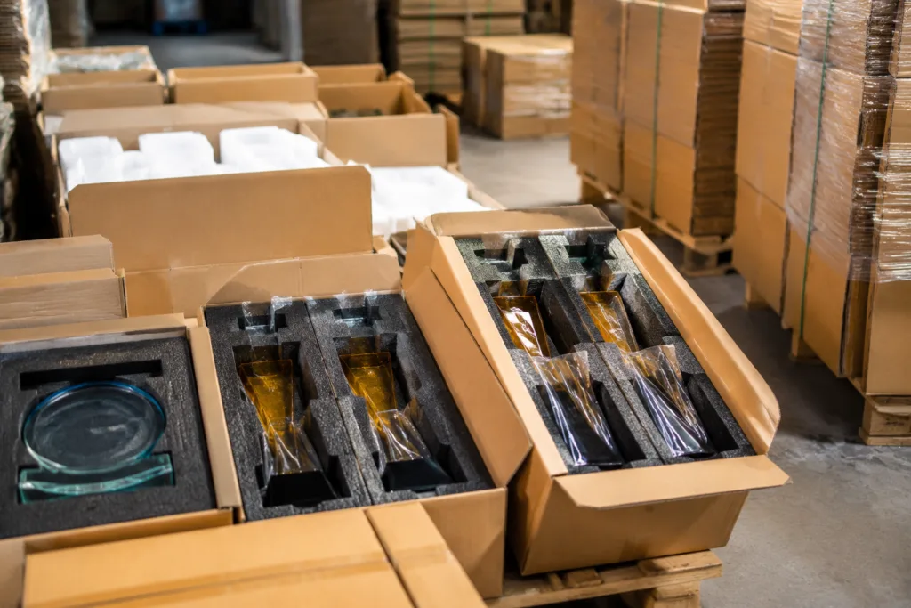 Packed custom trophies with protective inserts and export cartons prepared for international shipment