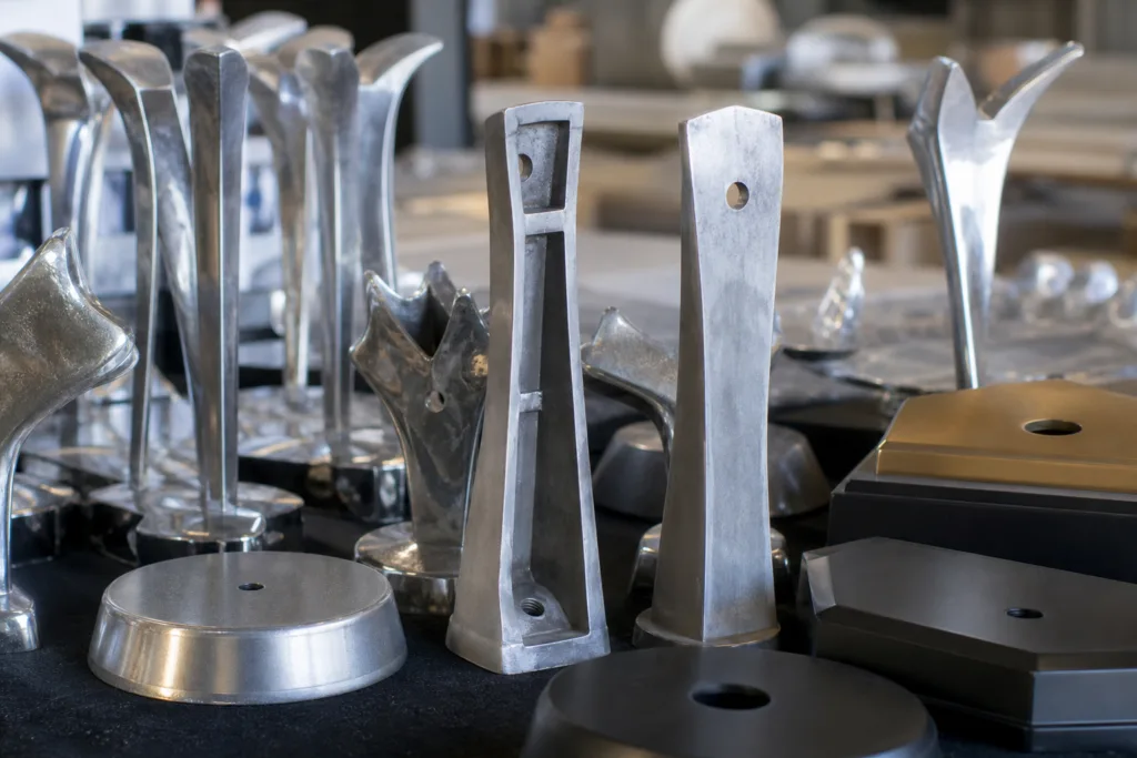 Metal Trophy Design Choices That Drive Cost, Weight, and Manufacturability 2 Solid and hollow metal trophy components with bases in a manufacturing setting