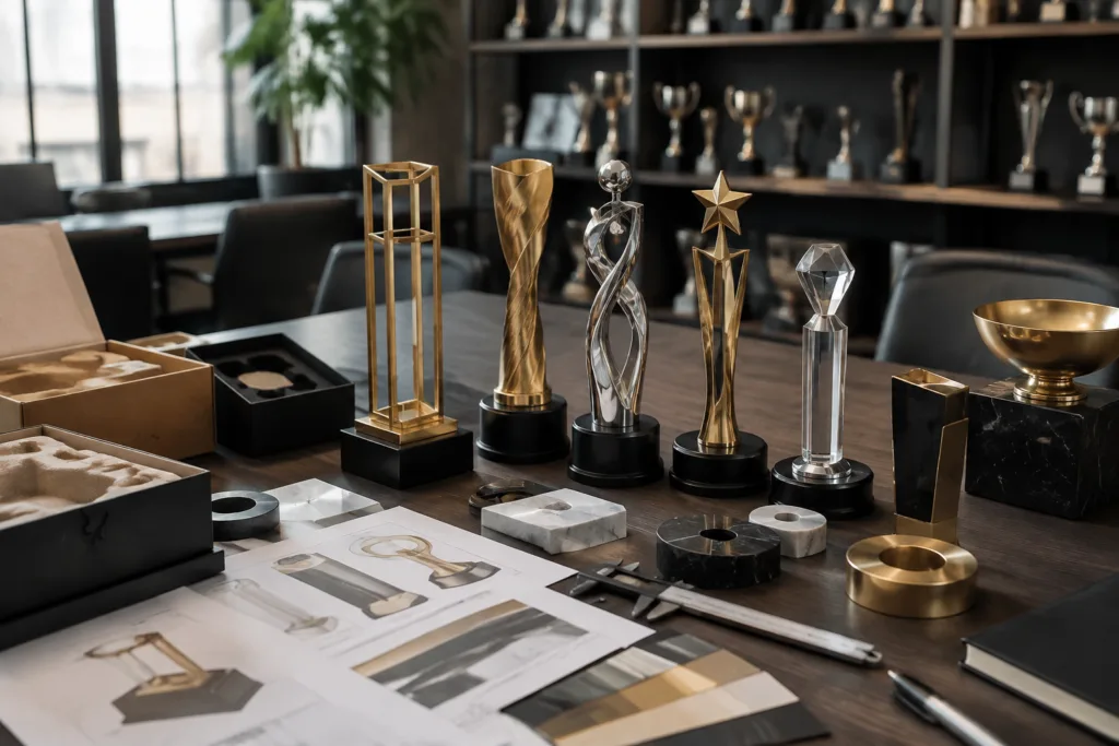 Custom metal trophies, sample bases, and specification sheets laid out for wholesale quote comparison