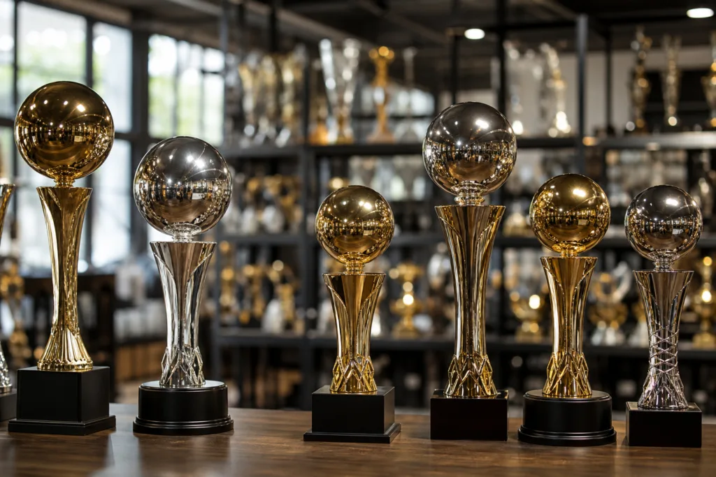 Championship trophies with round square and rectangular bases for proportion comparison
